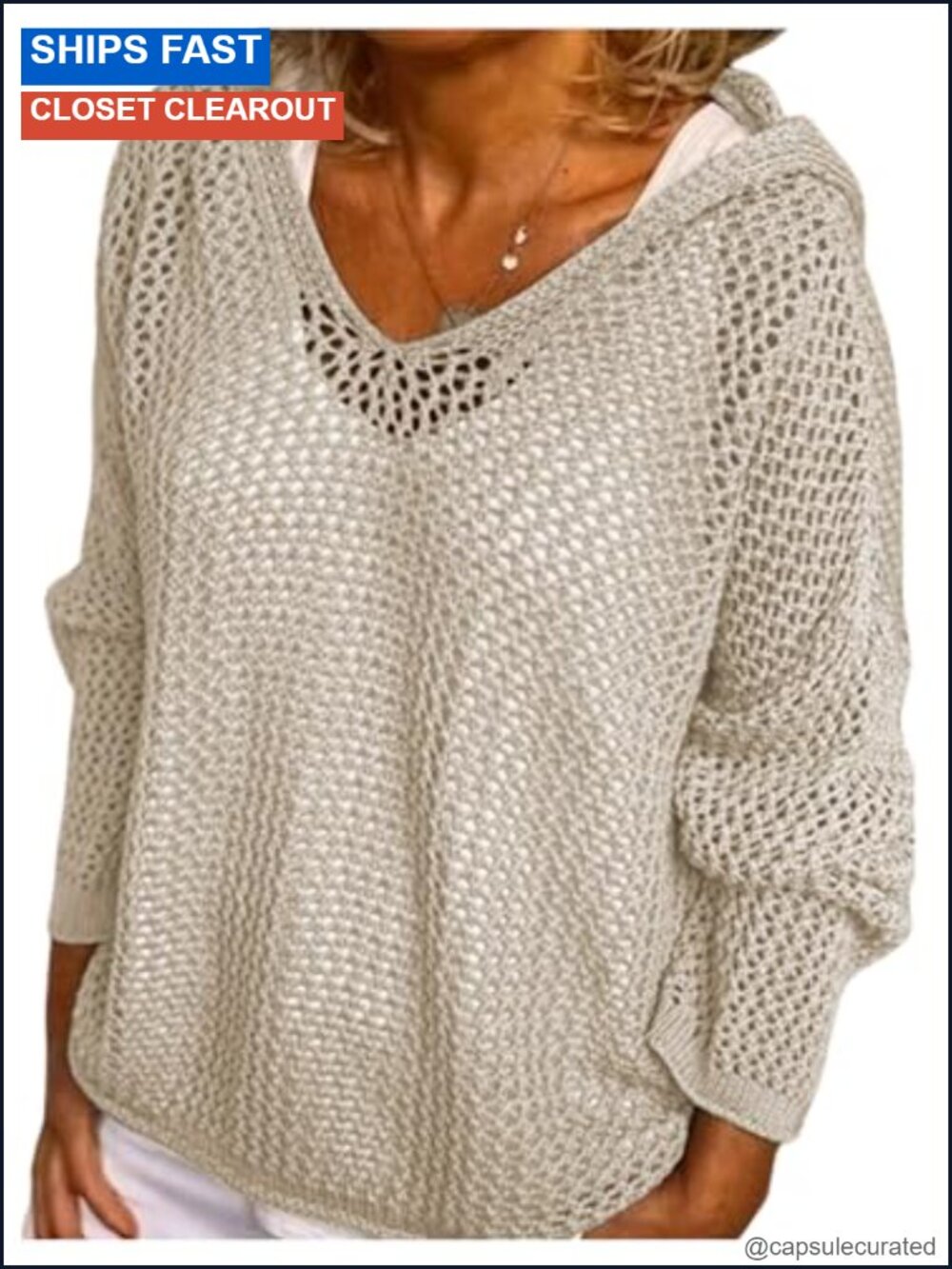 Crochet Hollow Out Hooded Long Sleeve Knit Sweater Cover Up